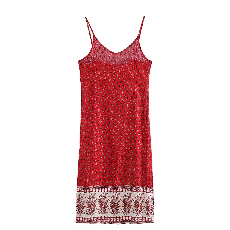 BOHO V neck Paisley Floral print Sling Dress Summer Holiday Woman Side Slit Spaghetti Strap Midi Long Dresses Beach Robe Vestido