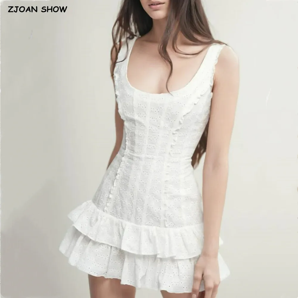 

2025 White Embroidery Hollow Out Hole Wood ears Sleeveless Dress Women Lacing Up Bow Back Low Waist Ruffles Hem Dresses Robe