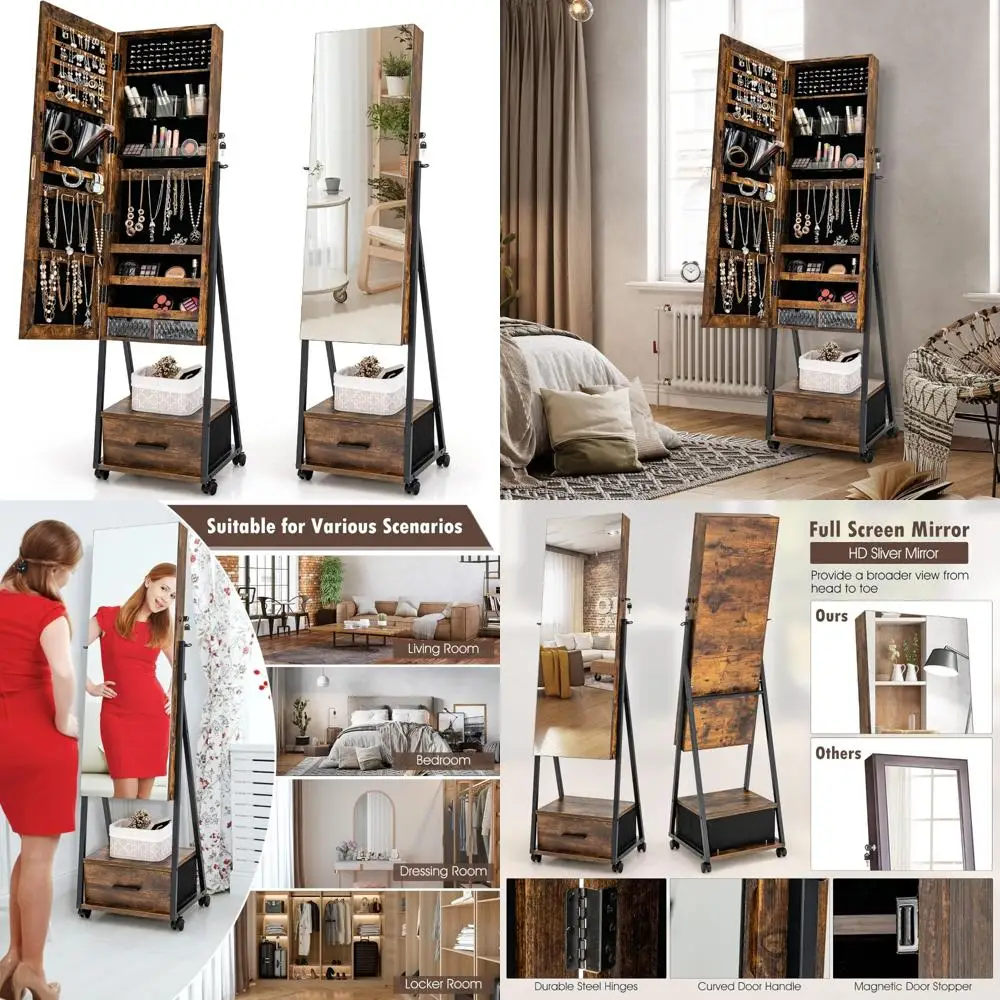 Portable Lockable Jewelry Cabinet with Full-Length Mirror, Steel Legged Storage with Wheels and Lipstick Brush Organizer