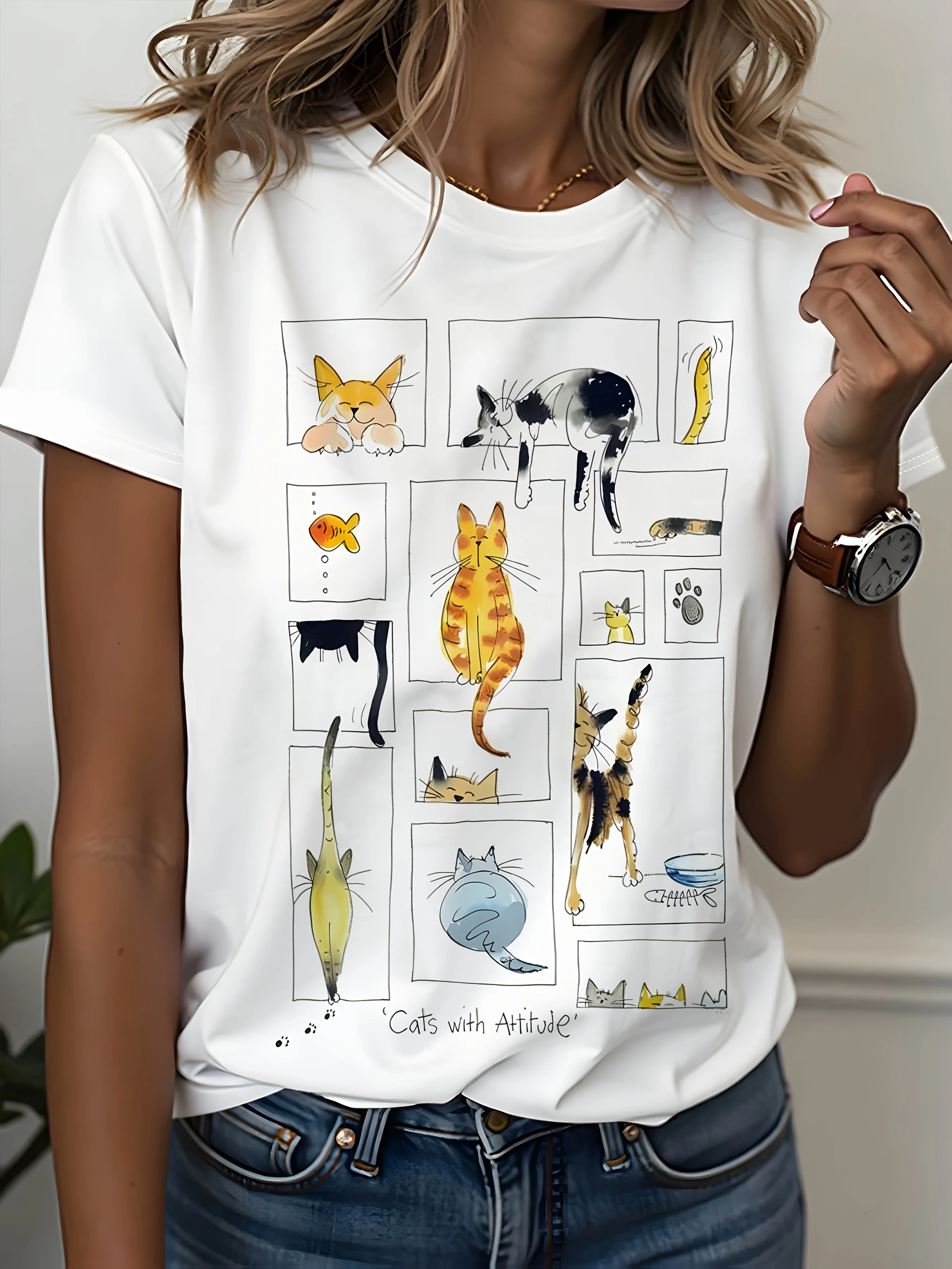 Cute and fun cat themed short sleeved T-shirts with fresh hand drawn style posing in interesting poses T-shirts daily wear