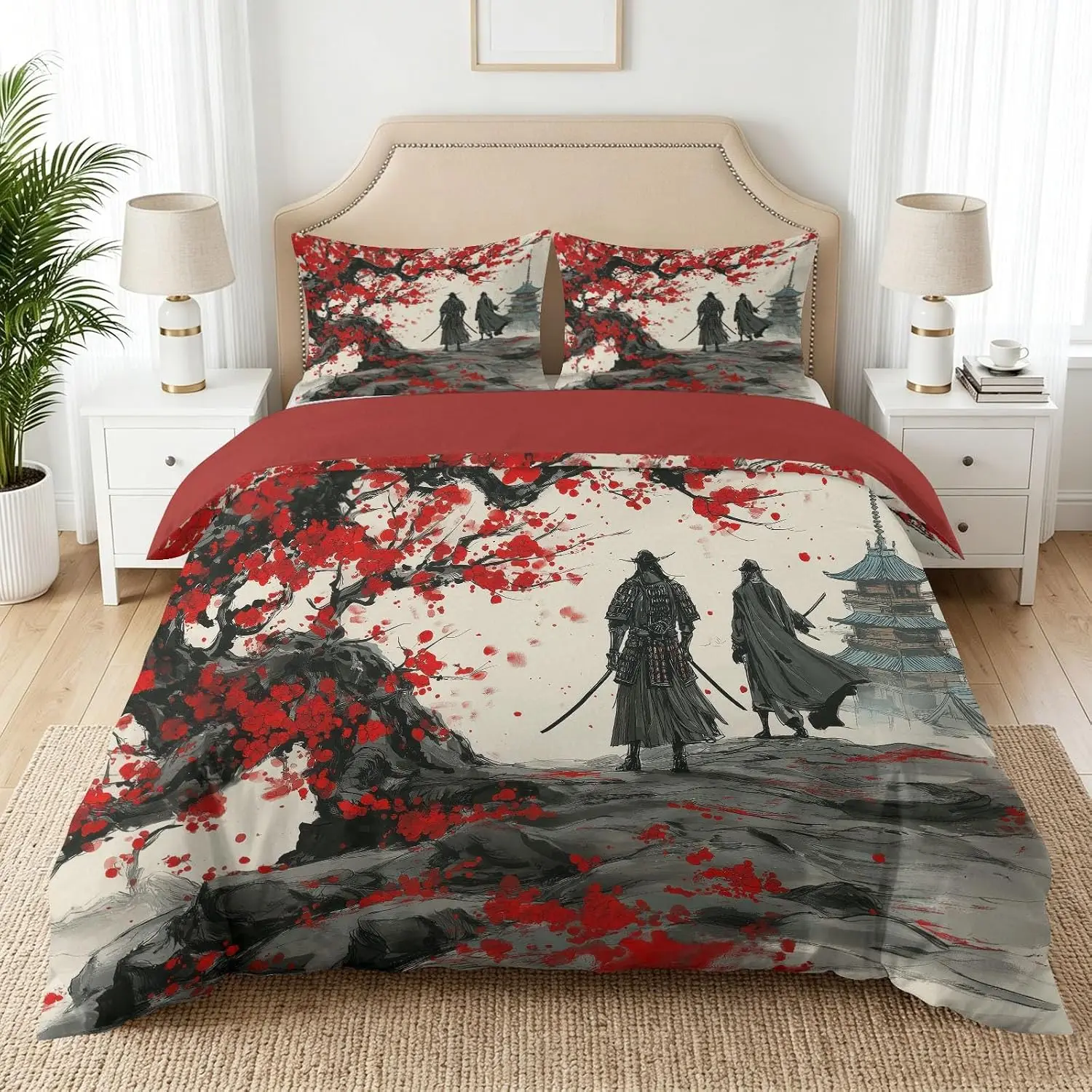 Small Single Duvet Cover Set With 1 Pillowcase Reversible Anime Cherry Blossom Pagoda Samurai Quilt