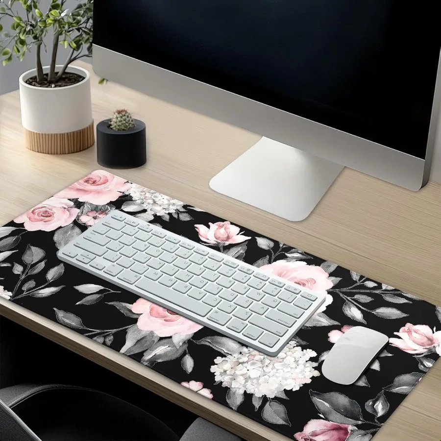 Floral Extended Gaming Mouse Pad NonSlip Rubber Base Black Large Mousepad 31.5x11.8in with Stitched Edge Waterproof Flowers Pad