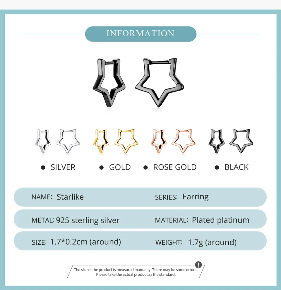 WOSTU 925 Sterling Silver Simple Star Hoop Earrings For Women Black Gold Statement Geometric Hollow Ear Buckle Minimalism Party