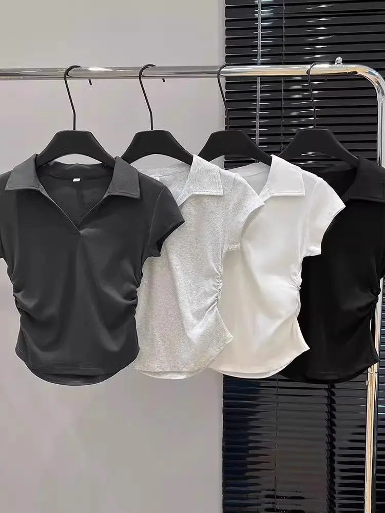Korean Style Women Polo Collar T Shirt V Neck Ruched Waist Slim Fit Short Sleeve Regular Shoulder Gray Summer Y2K Polo Women