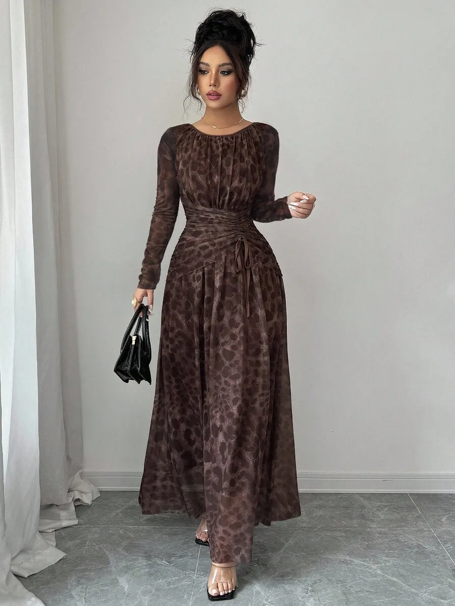 

Elegant Leopard Print Mesh Round Neck Ruched Waist Flared Long Sleeve Maxi Dress