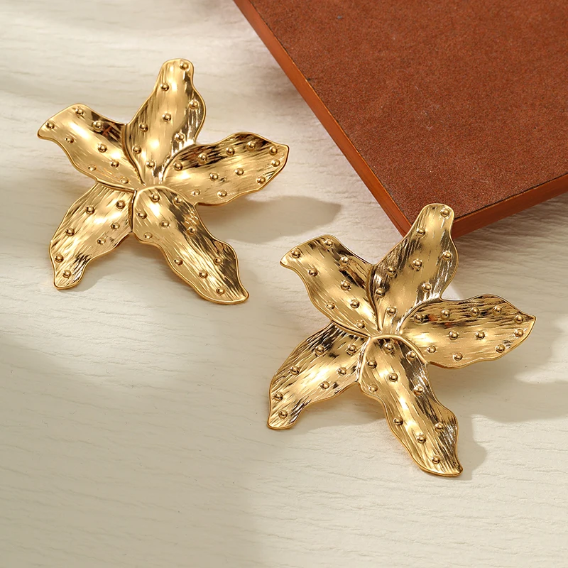 Fashion Women Gold Plated Texture Starfish Stainless Steel Metal Stud Earrings Jewelry Aretes Acero De Inoxidable Mujer