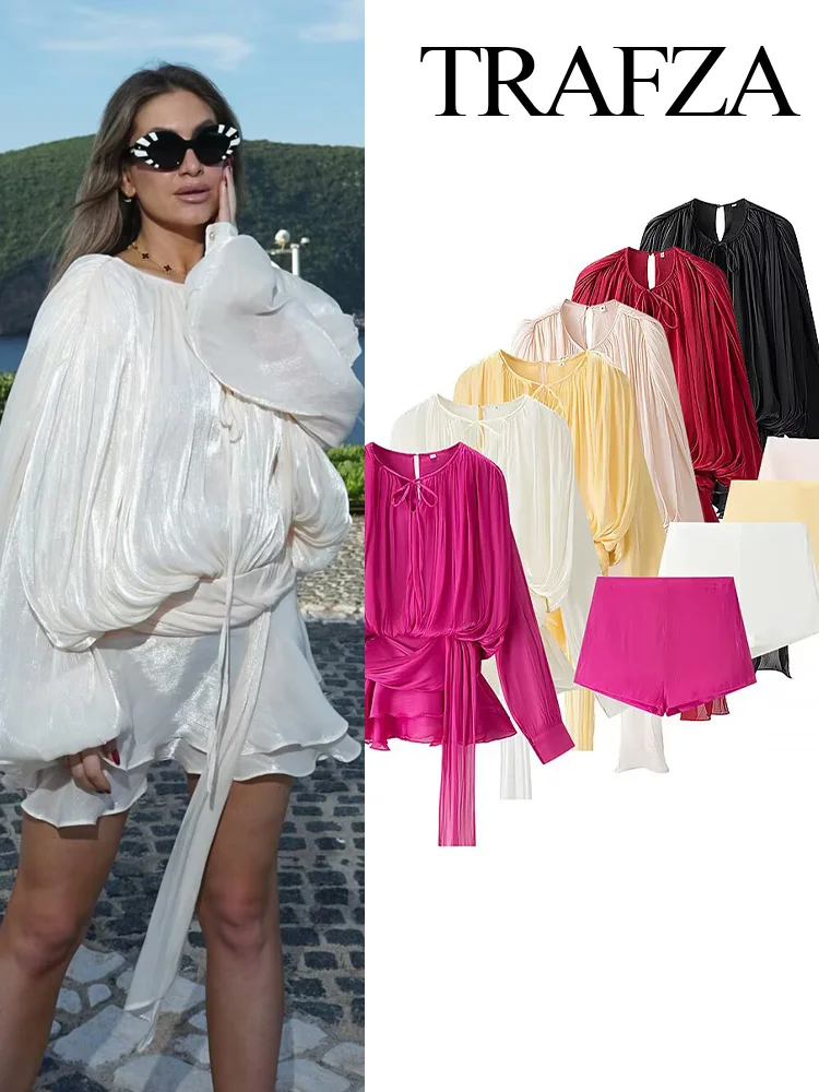 

TRAFZA 2025 Women O-Neck Pleated Decoration Long Sleeves Solid Mini Dress+Fashion Rear Zipper Slim Shorts Summer 2 Piece Set