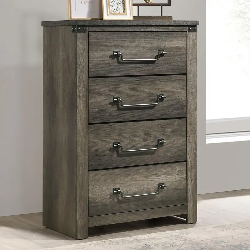 Rustic Style Farmhouse Chest with 4 Dovetail Drawers, Antique Brass Drop Handles, Metal Glides, Rustic Gray Finish