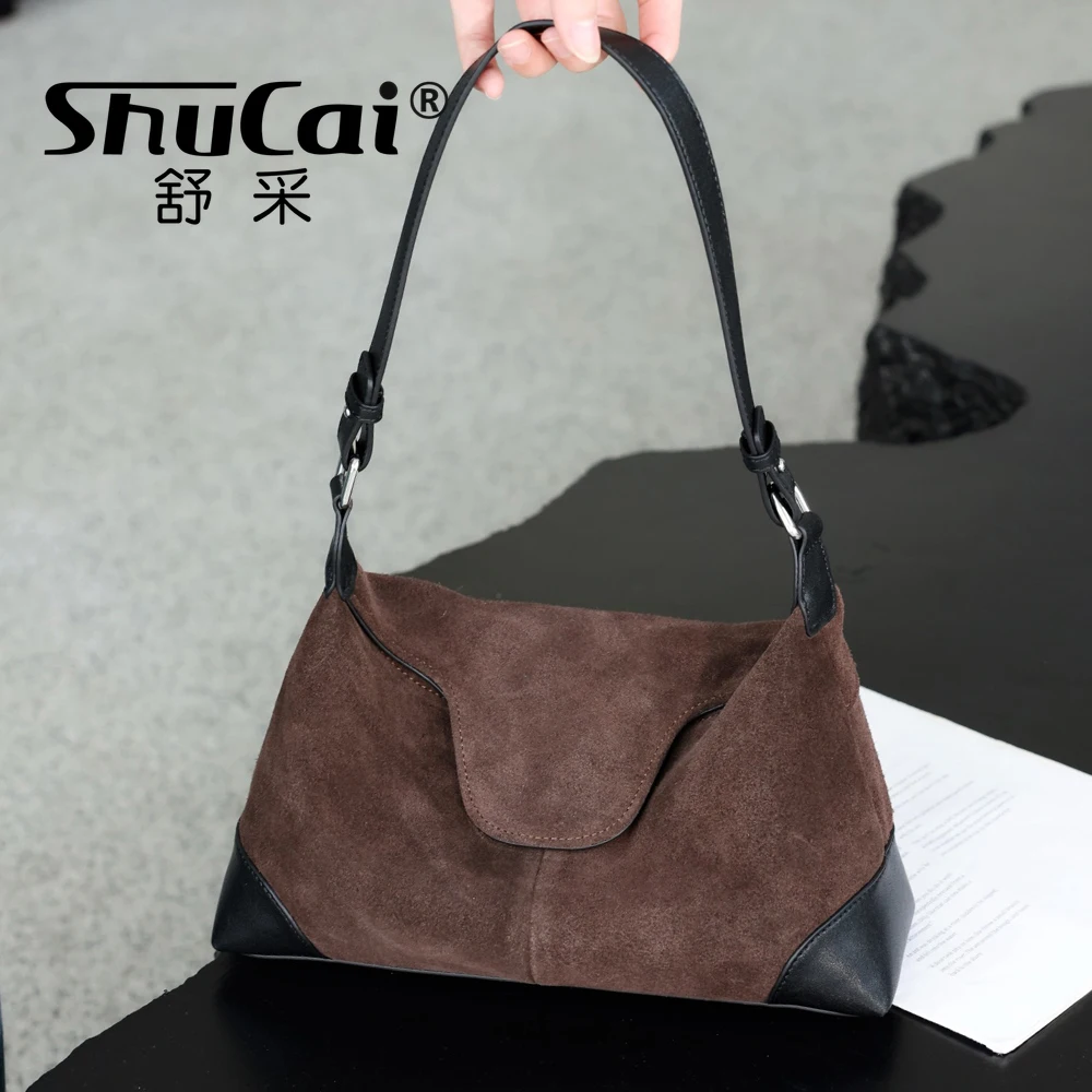 

Genuine Grade Suede Leather Women's Tote Coffe Handbag Luxury Designer Ladeis Shoulder Crossbody Bag High Quality Cowhide Brown