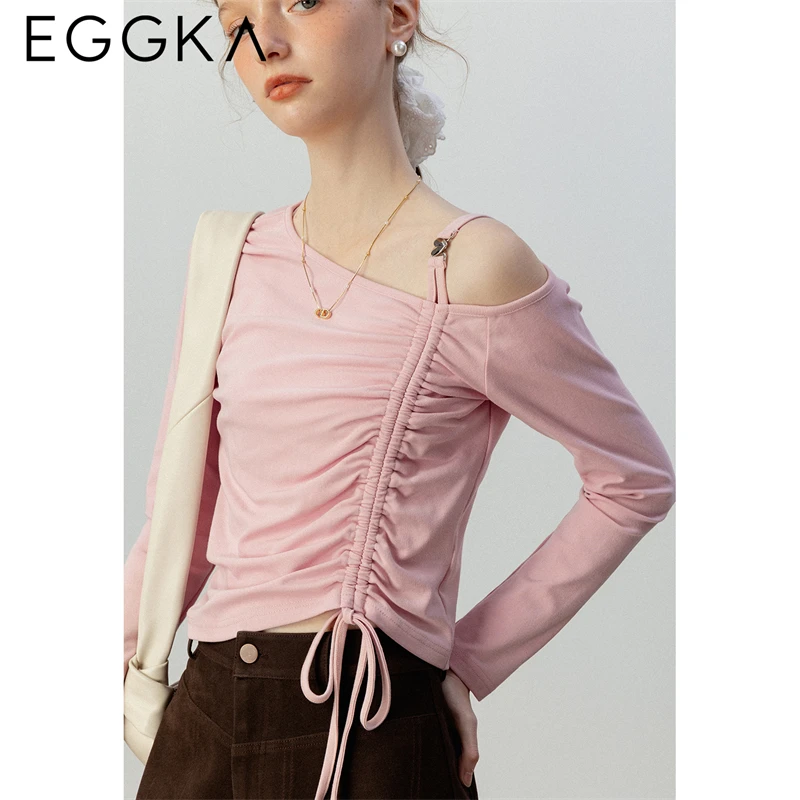 EGGKA Autumn Slanted Shoulder Tops Women Lady Asymmetric Collar Long-sleeve Tops Female Slim T-shirts Korean Fashion Black Tees