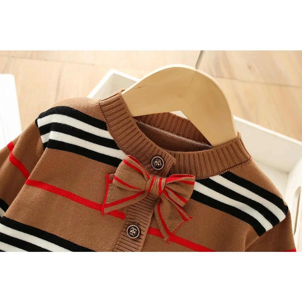 Winter Baby Girl Striped Sweater Set 2024 Girls Toddler Fashion Bow Knitwear Sets Kids Long Sleeve Extra Thick Sweater Clothes