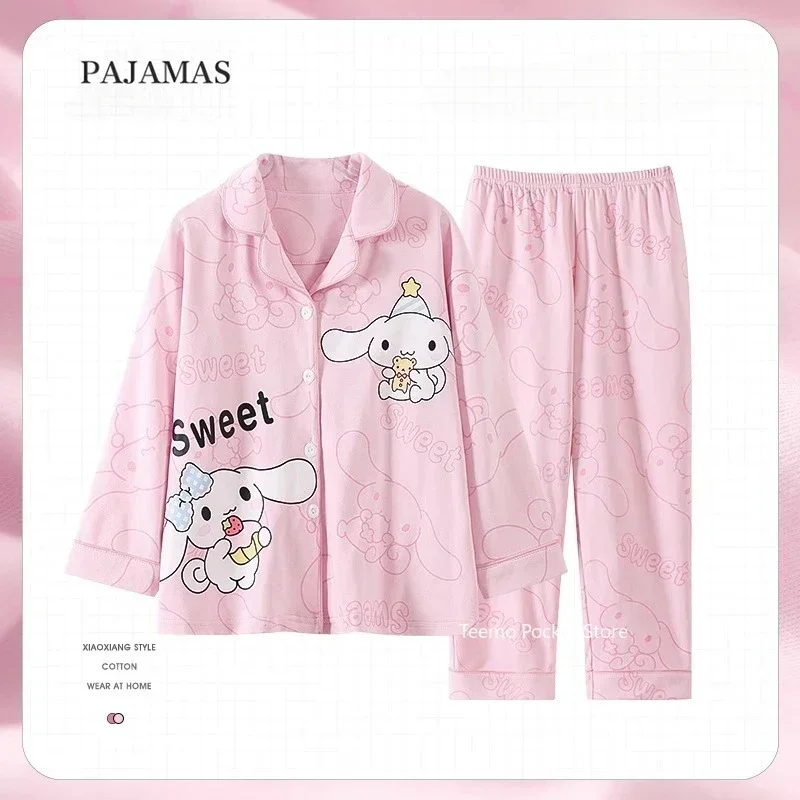 Sanrio My Melody Long Sleeved Pajamas Set Cartoon Anime Character Kuromi Pattern Student Kawaii Lapel Home Dormitory Clothes