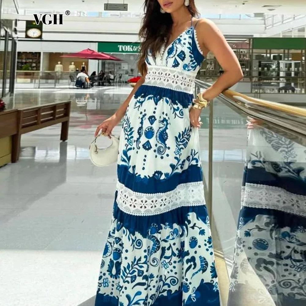 

VGH Bohemian Holiday Maxi Dresses for Women V Neck Sleeveless High Waist Temperament Colorblock Slimming Casual Dress Female New