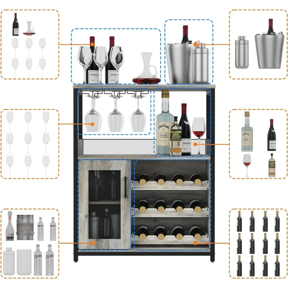 Bar cabinet with removable wine rack and 1 drawer, bar cabinet with glass shelves and mesh doors for storing alcohol and glasses