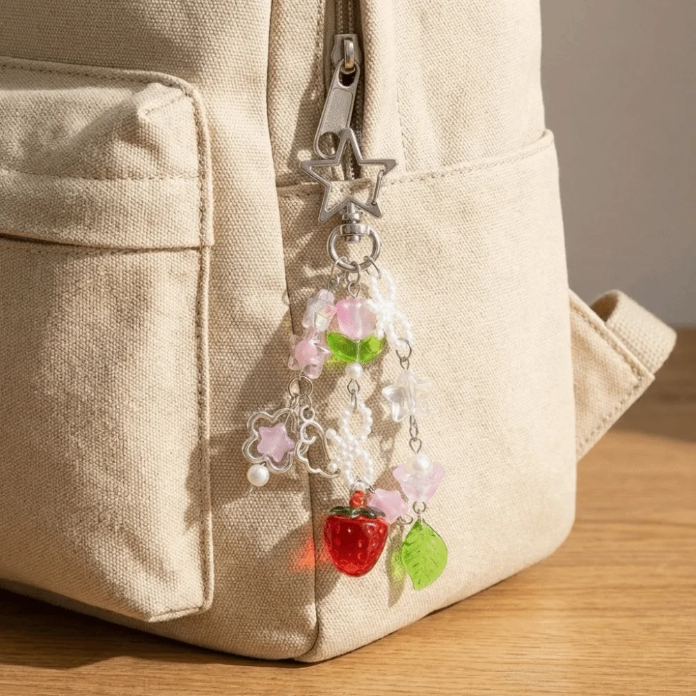Accessories Sweet Beaded Phone Chain Cute Flower Tassel Keychain Strap Strawberry Design Acrylic Bag Charm Anti-lost Accessory