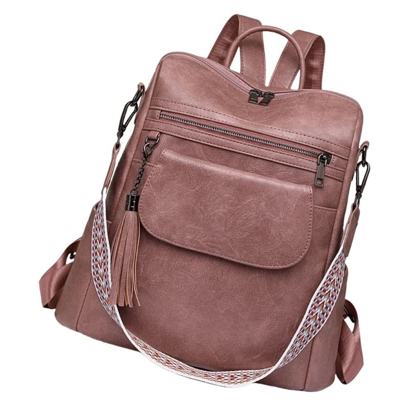 Casual Modern Women's Backpack Spacious Travel School Bag PU Leather Handbag With Tassels Detail And Shoulder Strap