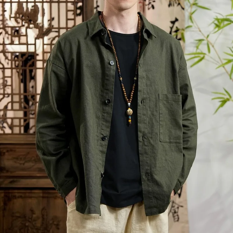 Men Chinese Style Linen Long Sleeve Shirt Jacket Loose Casual National Style Blouse for Spring Autumn