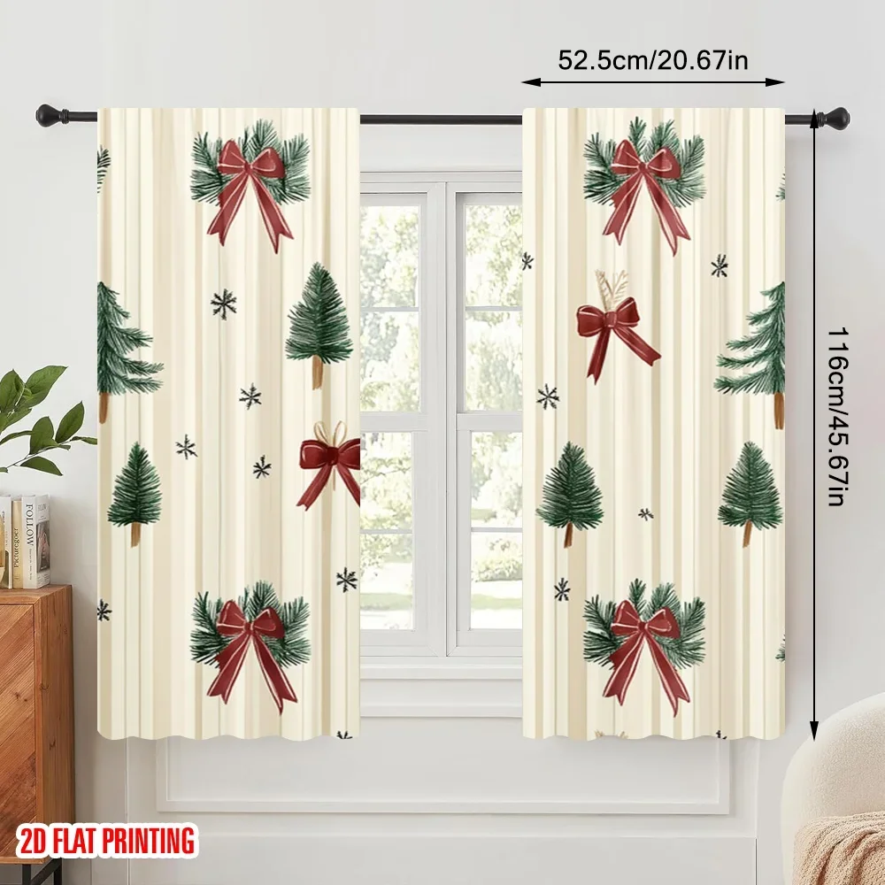 2pcs,2D plane printing Curtain Popular Christmas Trees Bows Holiday_a (2) Versatile Durable Polyester (without rod) Art Deco