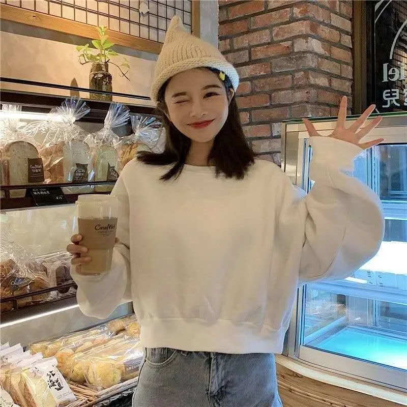 Women Sweatshirts Solid Casual Aesthetic Long Sleeve Cropped All-match Fashion Feminino Students Friends Autumn Simple Ulzzang