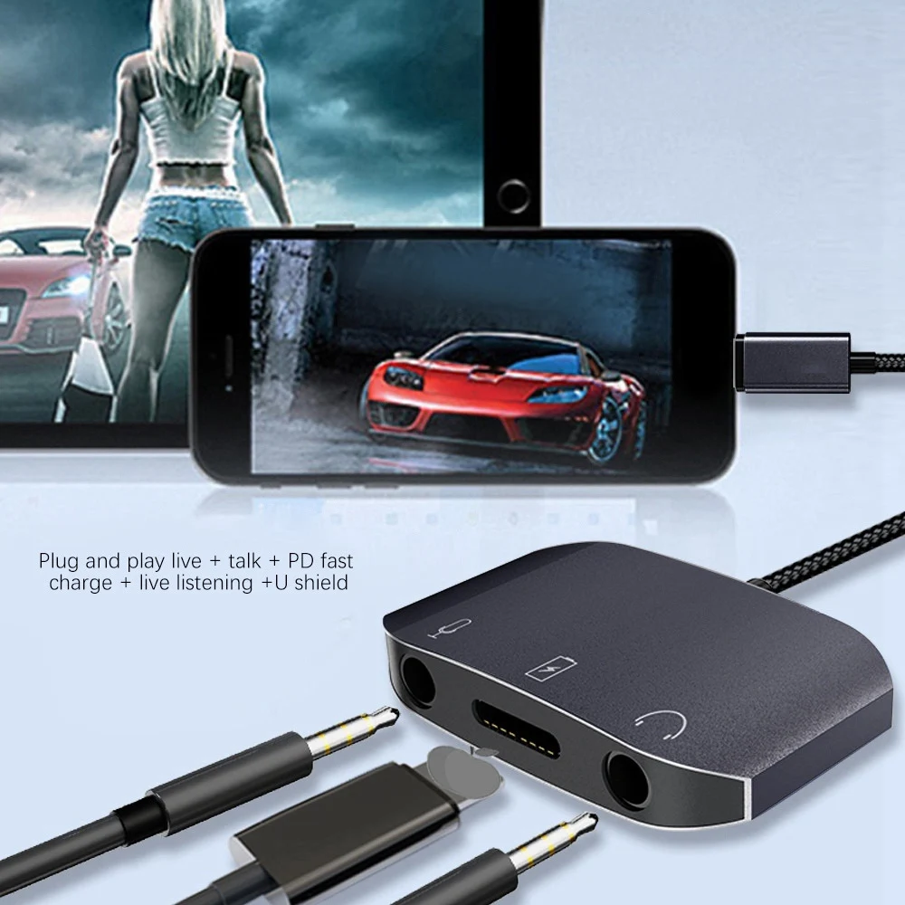 3-In-1 for iPhone Converter 3.5mm Microphone Headphone Adapter for Live Call PD Fast Charge Live Monitoring U Shield