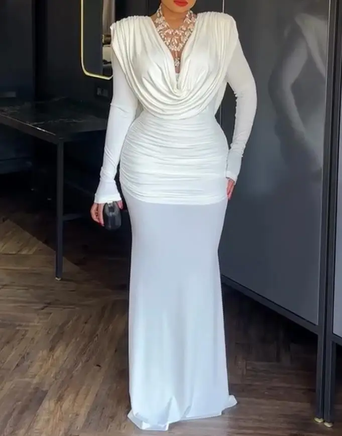 

Womens Dresses 2025 Spring Cowl Neck Ruched Cinched Waist Slim Fit Maxi Dress Casual Padded Shoulders Backless Evening Dress