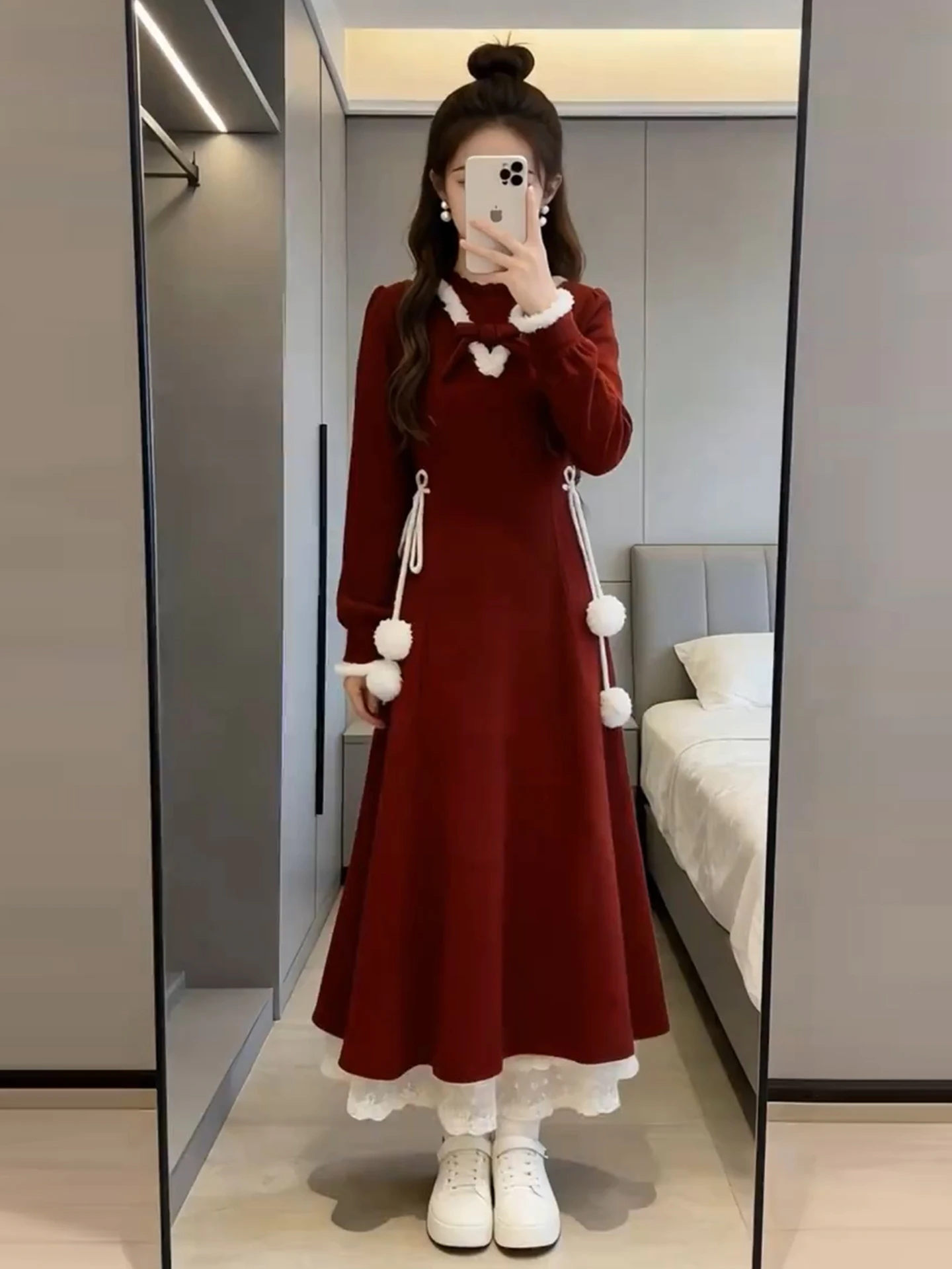 New 2026 Red Dr Women's Early Spring New Year's Outfit Ele Long Skirt A-Line Silhouette Stand Fit Polyester Fiber