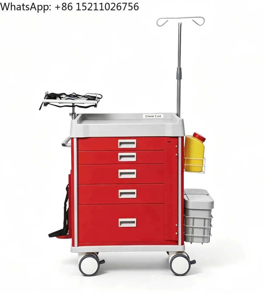 Medical Trolley Cold Steel Structure ABS Drawer Handles Hospital Emergency Rescue Trolley with CPR Board