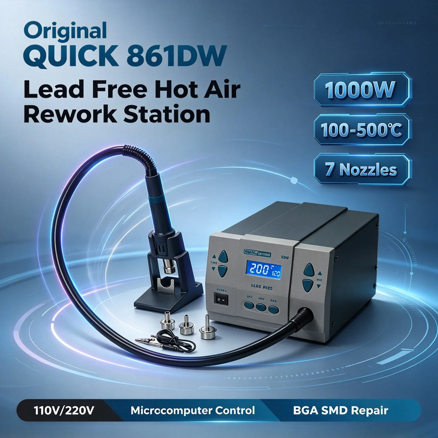 Original QUICK 861DW Lead Free Hot Air Soldering Station 1KW Microcomputer Temp Rework Station With 7 Nozzles BGA SMD Repair