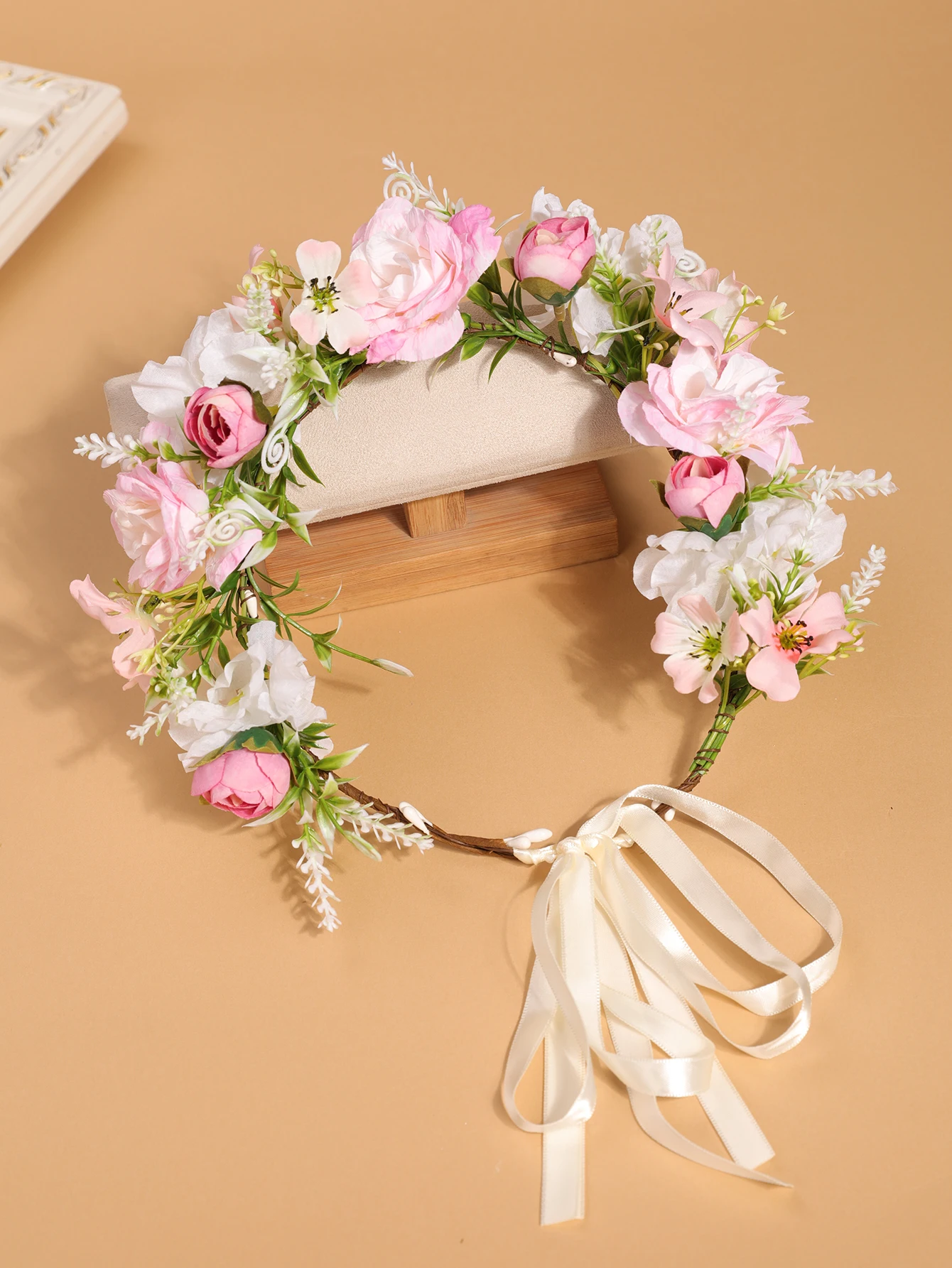 Simulierte Rosenblüten-Girlande als Kopfschmuck - Bohemian-Style Verstellbares Band-Haarband - Geeignet für Brautjungfern, Hochzeiten, Porträts – Detail 21