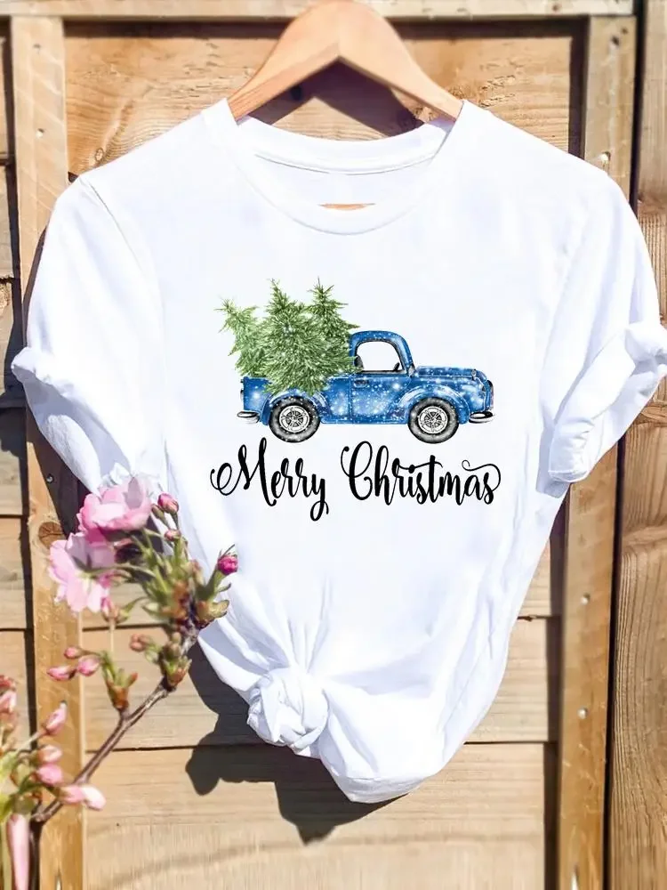 Merry Christmas Tree Truck Watercolor Print T Top Women Holiday Clothing Fashion Female Shirt New Year T-shirts Graphic Tee