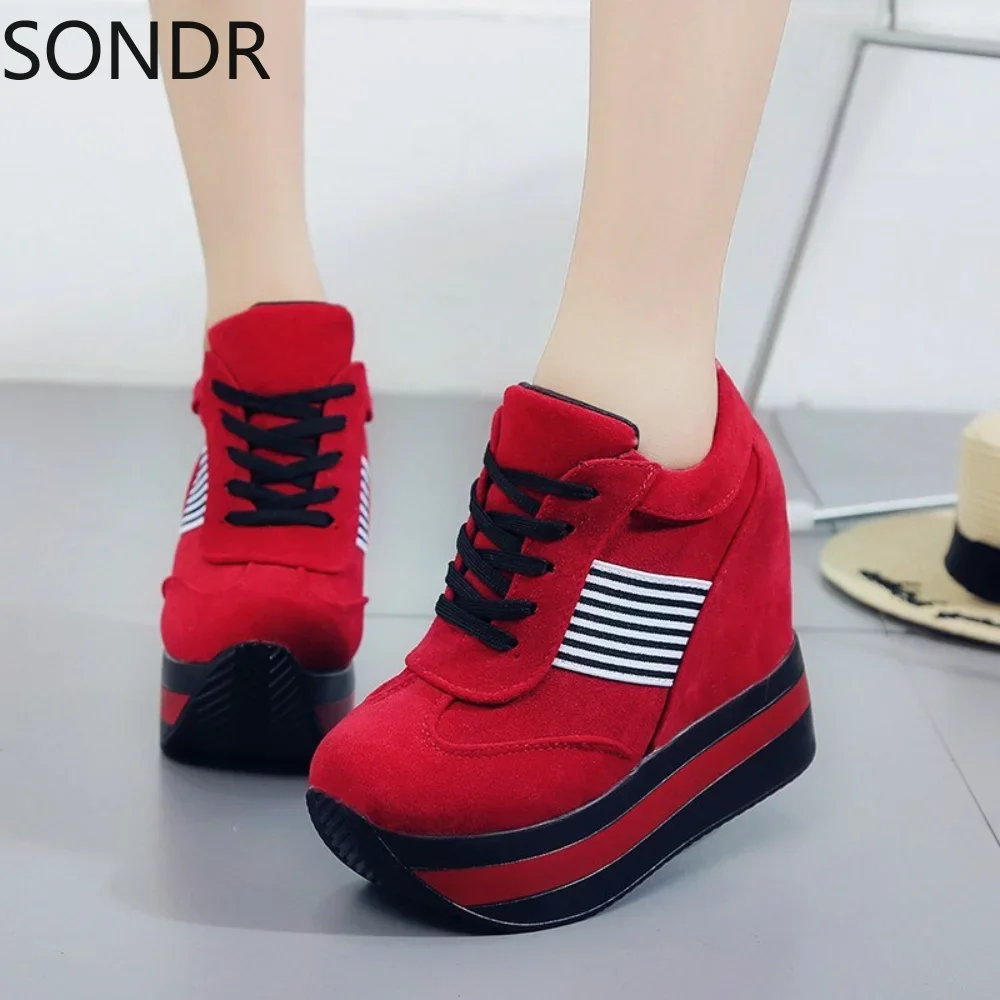 Womens High Top Hidden Wedge Heels Sneakers Lace Up Casual Sport Shoes Super High Black Red Athletic Korean 