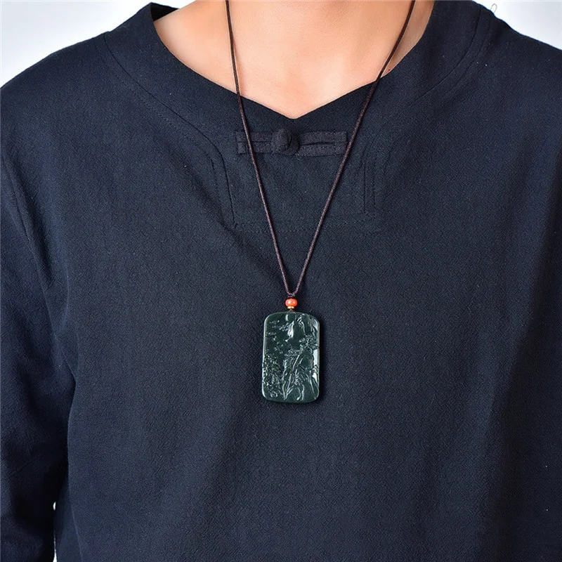 Natural Taqing Hetian Jade Landscape Ping 'an Simple Joker Pendant Jewelry for Men and Women