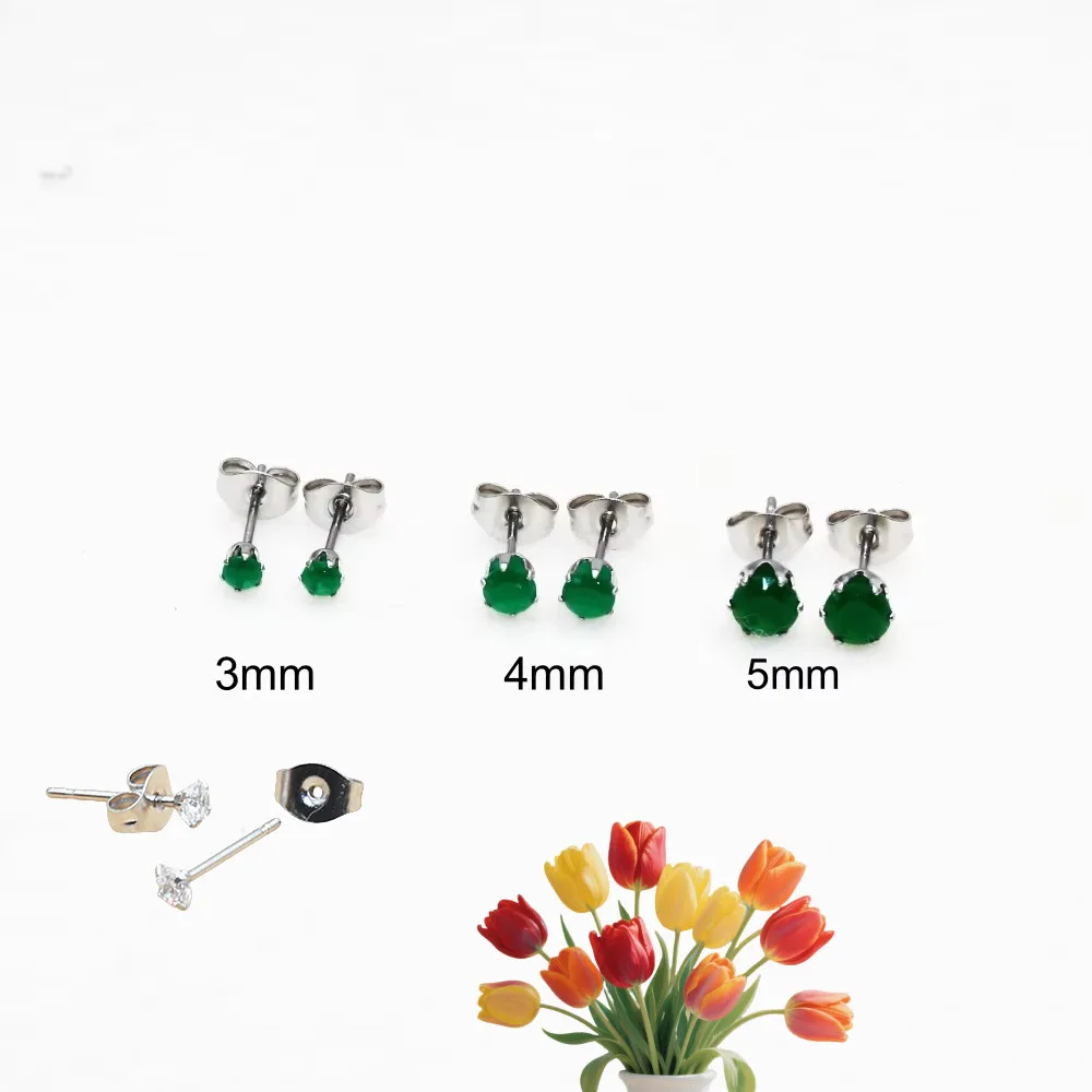 Mini Vintage Green Glass Stud Earrings with Stainless Steel Push up Clasp for Men And Women 3MM 4MM 5MM Sizes Available
