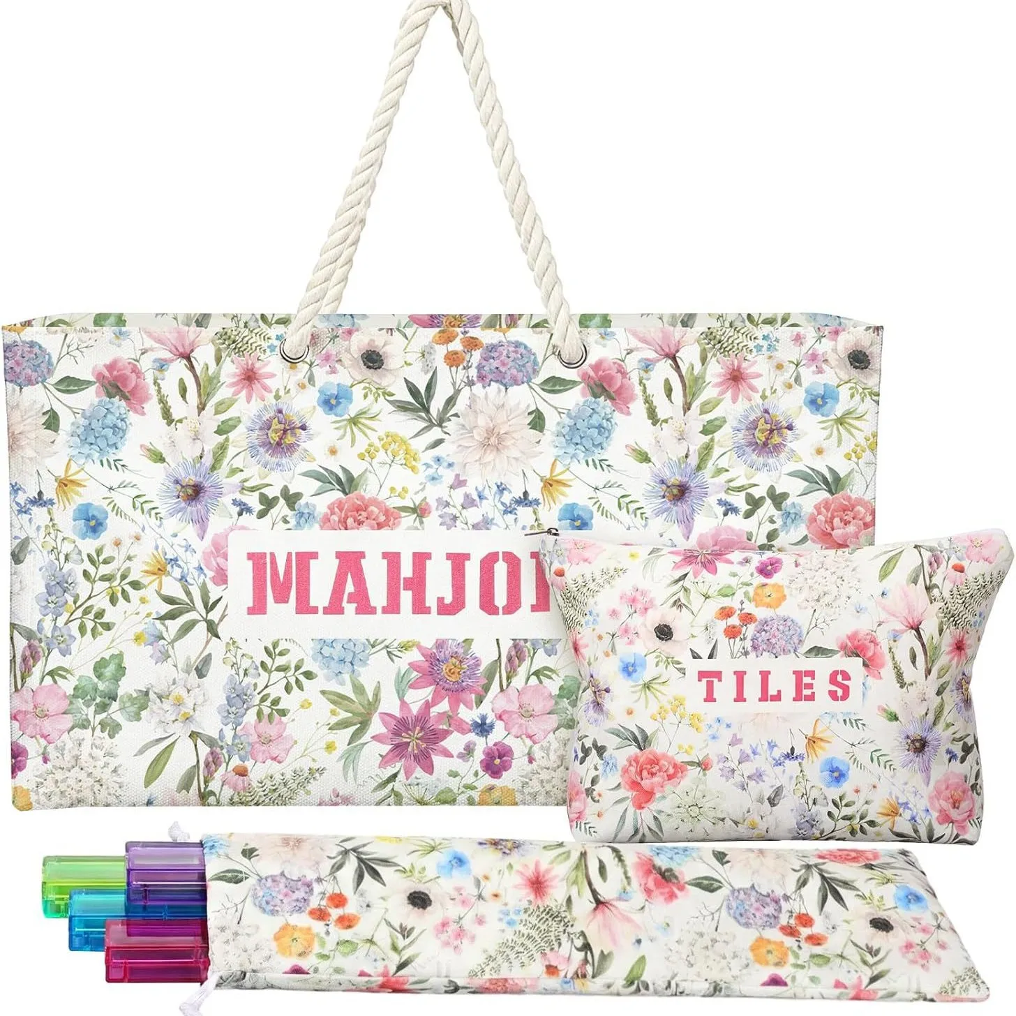 Mahjong Bag Set 3 Pcs Floral Canvas Tote Tile Pouch Rack Bag American Mah Jongg Travel Storage Carrying Case Gift
