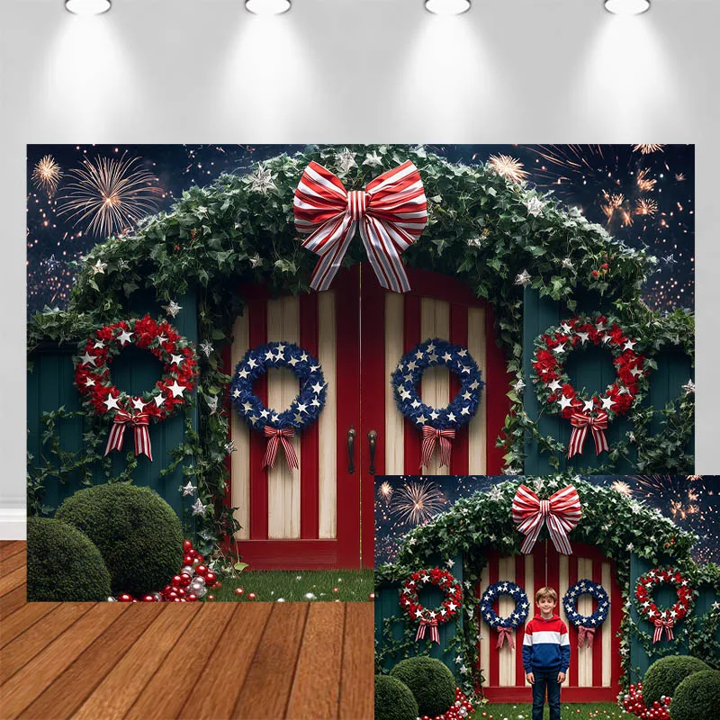

LS Independence Day Photography Background Christmas Wreath Wooden Door Greenery Decor Adult Kids Portrait Photo Backdrop Studio