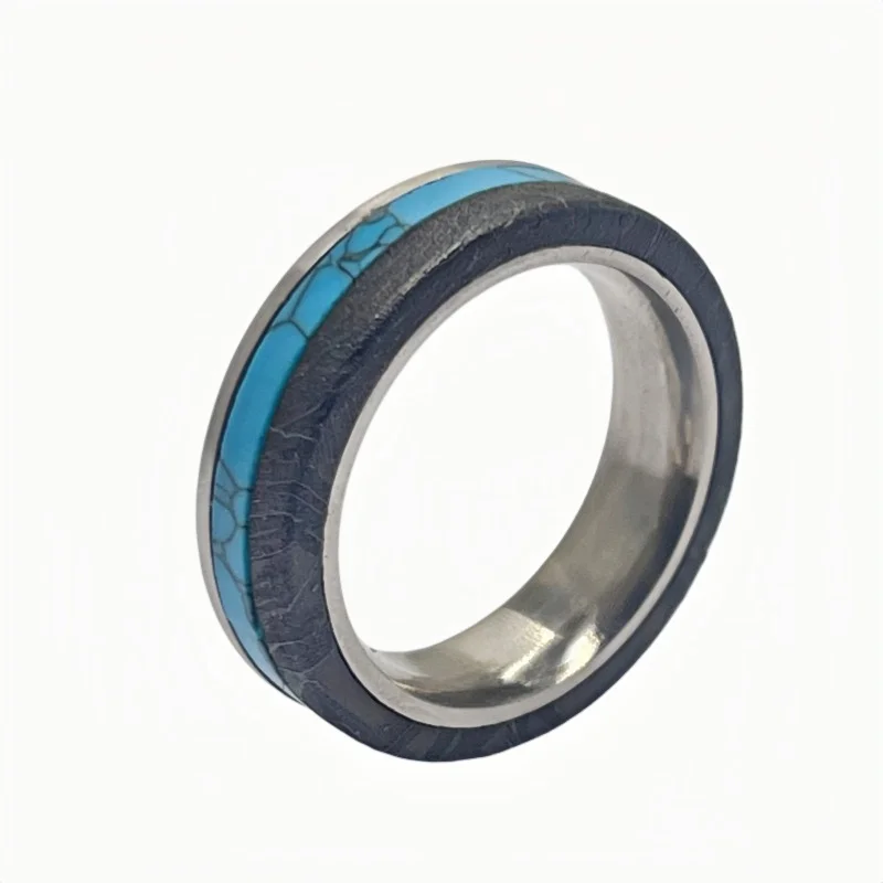 Natural Muonionalusta Iron Meteorite Multi Layer Inlay Ring Polished Color Strip Band Collectible Fashion Jewelry Gift -K75