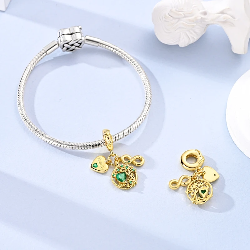 925 Sterling Silver Charms Bead CZ Zircon Gold Plated Eternal Heart Family Tree Dangle Fit Original Bracelet DIY Women Jewelry