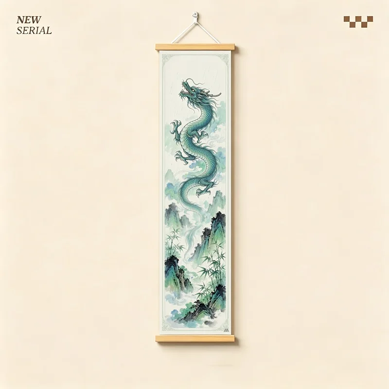Eastern Fantasy Hanging Scroll with Dragons, a Fiery Phoenix, and Ink Landscape Imagery in Vertical Panels for a Tea Room
