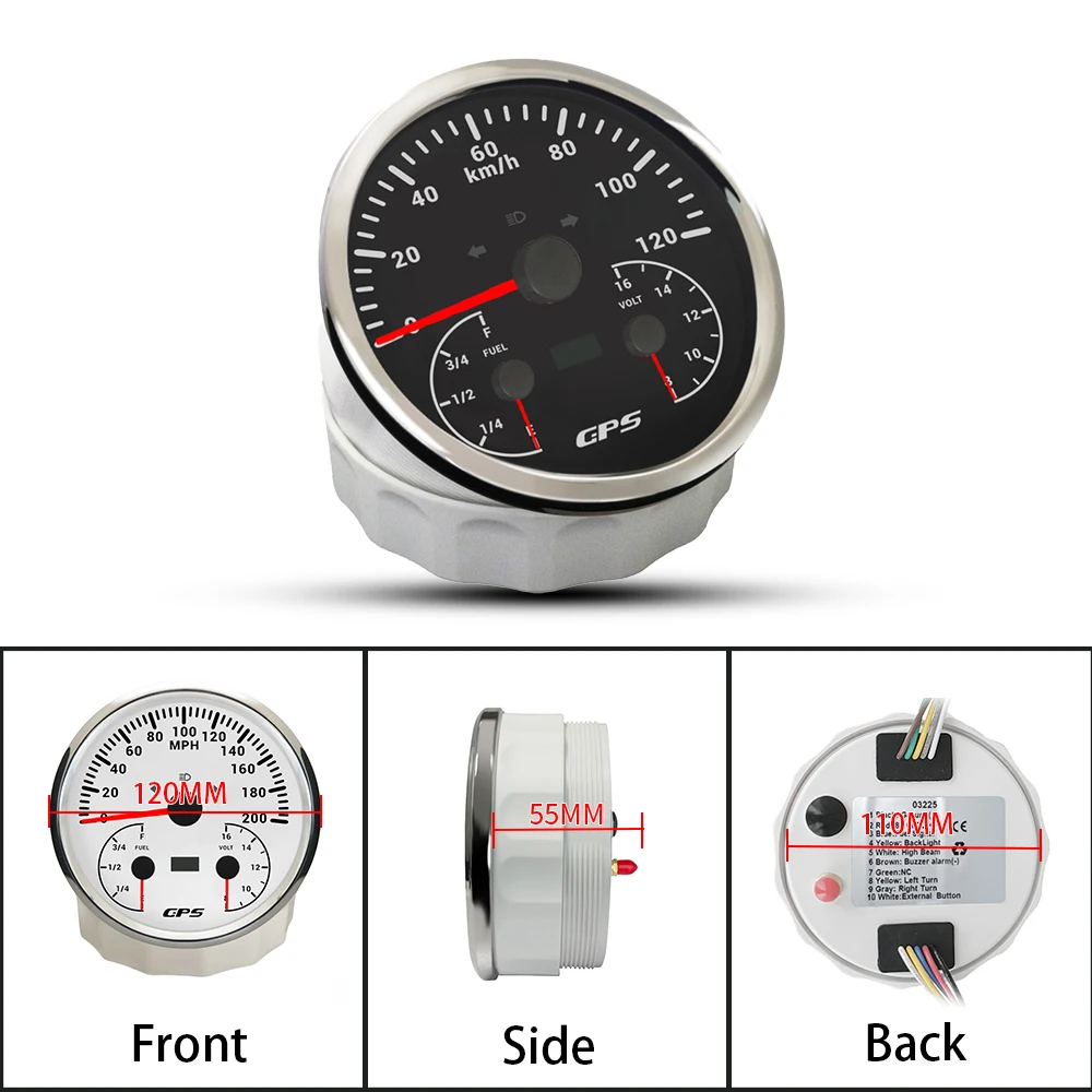 

Rhaxel 110mm 3 in 1 Multifunction 120km/h 200KMH 0-120M 0-200MPH GPS Speedometer with Fuel Level 8-16V with 7 Colors Backlight