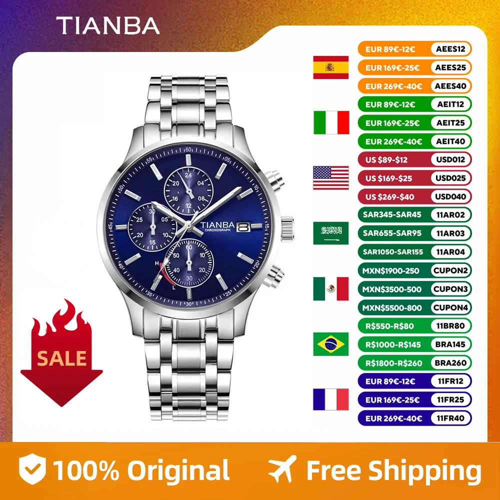 TIANBA Original light energy watch solar energy fashion sports leisure multi-function dial waterproof quartz watch TM9020