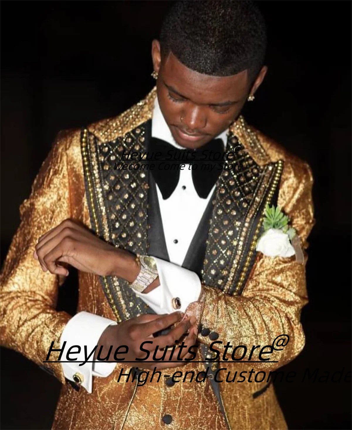 High-end Shiny Beadwork Dinner Men Suits Customized Slim Fit Peak Lapel Groom Wedding Tuxedos 3 Pieces Sets Male Prom Blazers