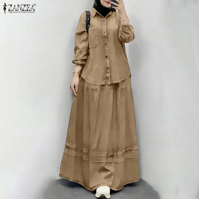 

ZANZEA Women's False-Denim Oversized Skirt Suits Long Sleeve Shirt & Pintuck Maxi Skirt 2 Pieces Sets Islamic Muslim Outfits