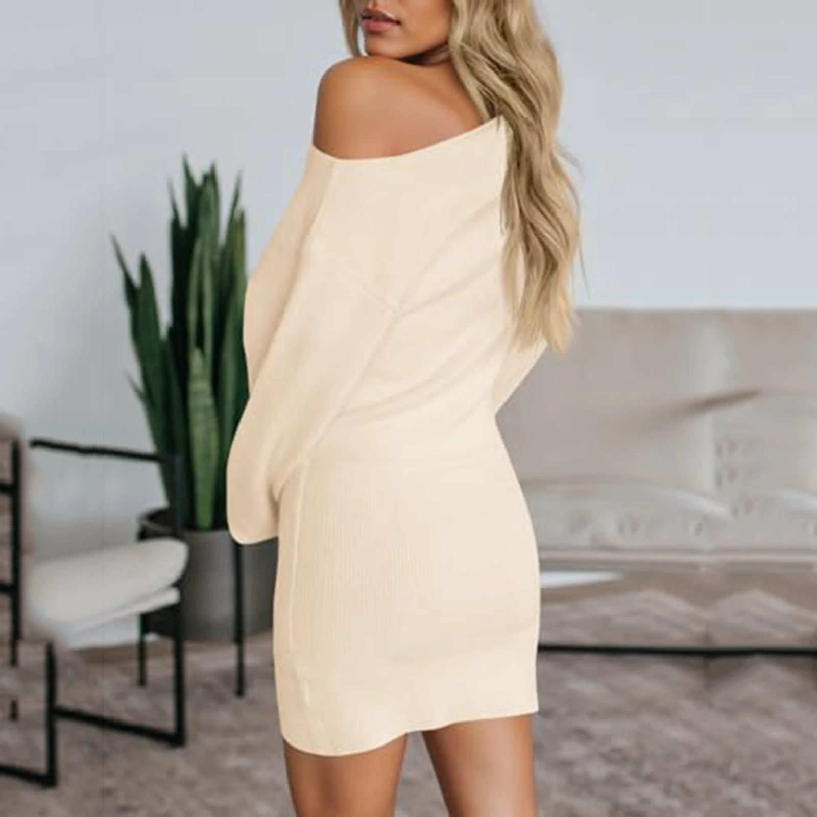 Vestido de moda feminina casual fora do ombro camisola vestido manga longa malha cor sólida vestido outono e inverno vestidos