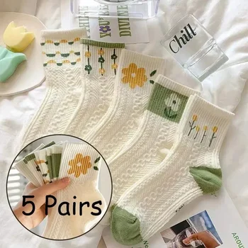 Korte sokken voor meisjes, 5 paar, schattige medium bloemenprint, zoete stijl, huidvriendelijk, comfortabel en ademend, puur katoen voor altijd
