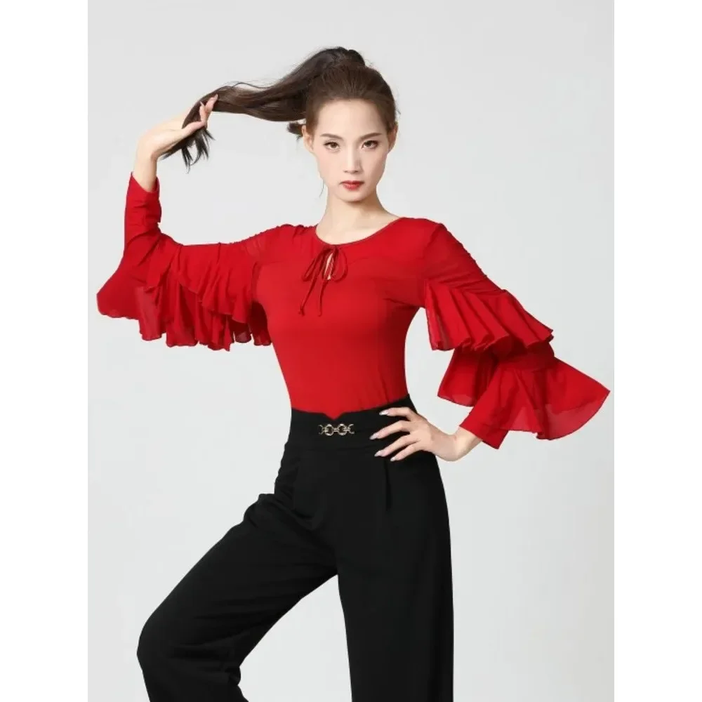 Ballroom Mesh Patchwork Street Dance Party Tops Graduation Latin Costume Ruffle Pole Clothing Original Carnival Women Jazz Shirt