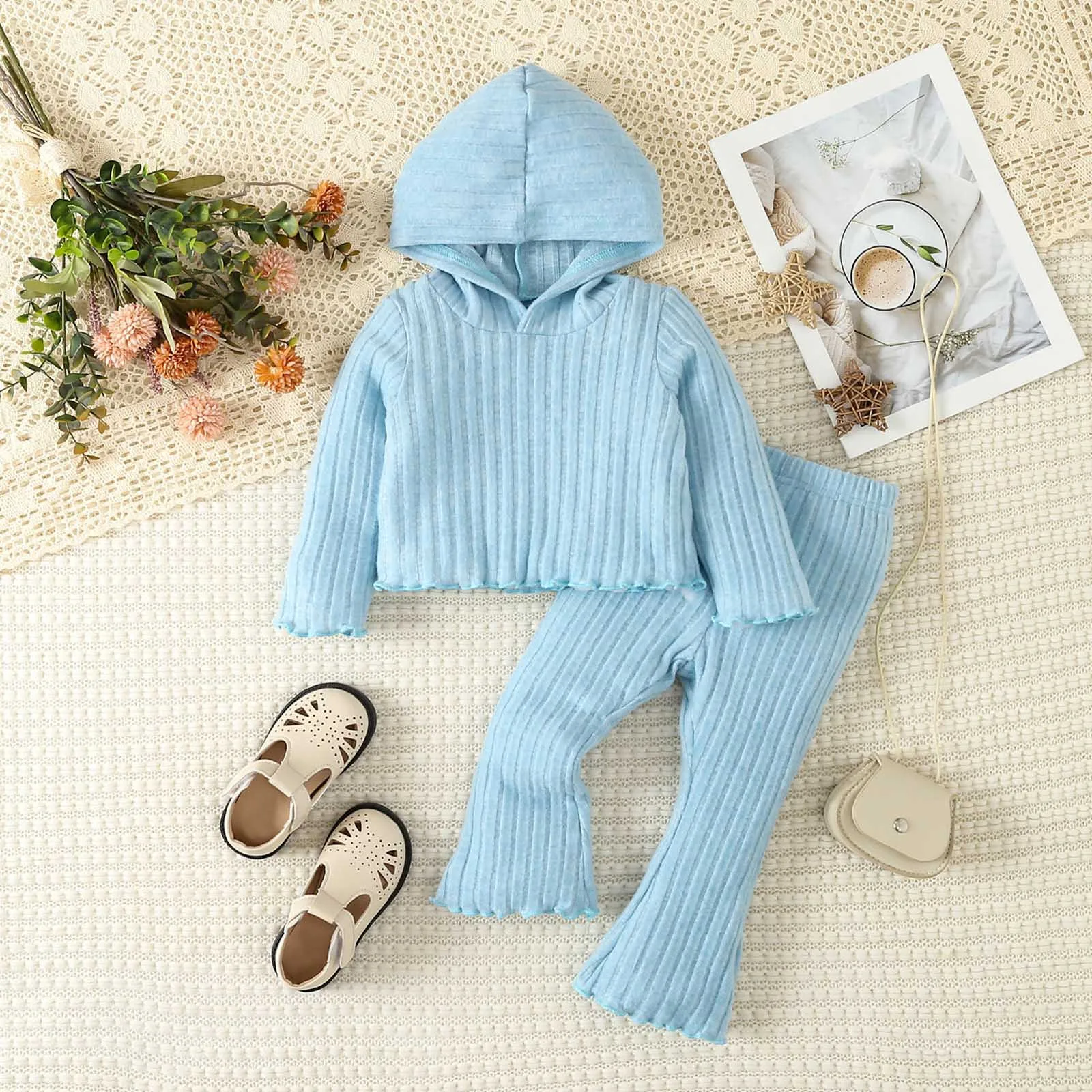 2pcs Children Clothing Sets Solid Color Long-sleeve Ribbed Hooded Tops+Pants Kids Boys Girls Winter Clothing Suits For 1-6 Years