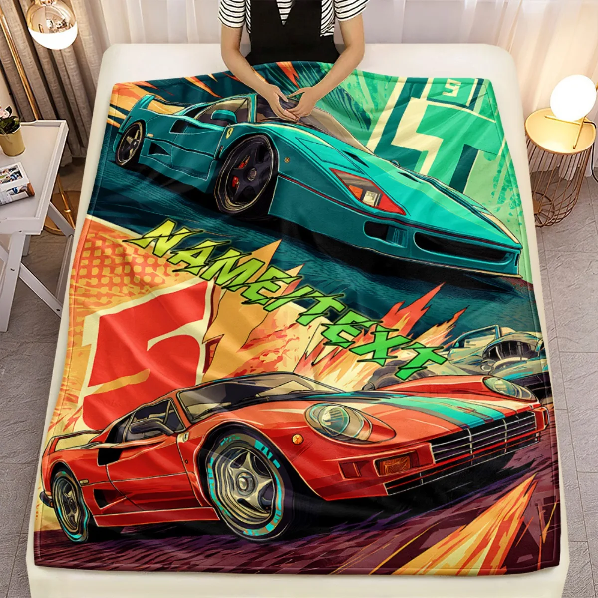 Anpassbare Decke mit Sportwagen-Aufdruck, weicher, warmer Flanellüberwurf für Sofa, Schlafzimmer, Wohnzimmer, Büro, ideales Geschenk für Familienfreunde
