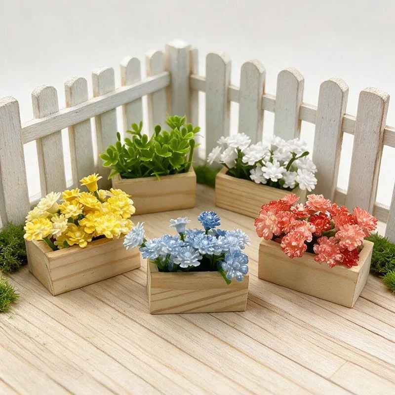 Mini Flower Wooden Box Flower Pot Model Multicolor Plant Miniature Outdoor Scene Deoration DIY Desktop Ornament Home Decor