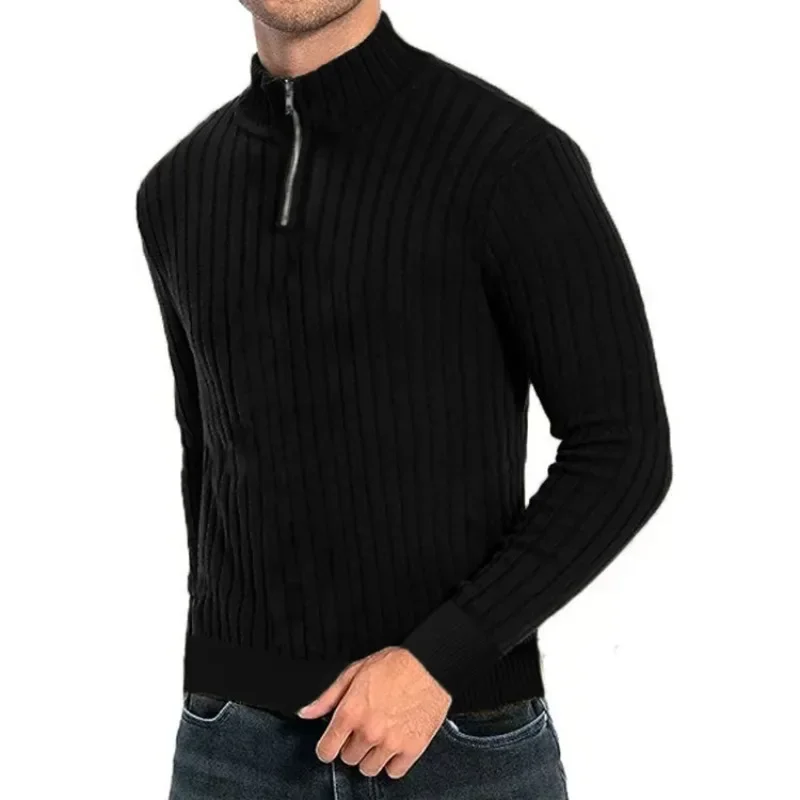 Men's Semi High Neck Zipper Knitted Sweater, 2024 Autumn Loose Sweater, Casual Pullover Long Sleeved Knitted Sweater