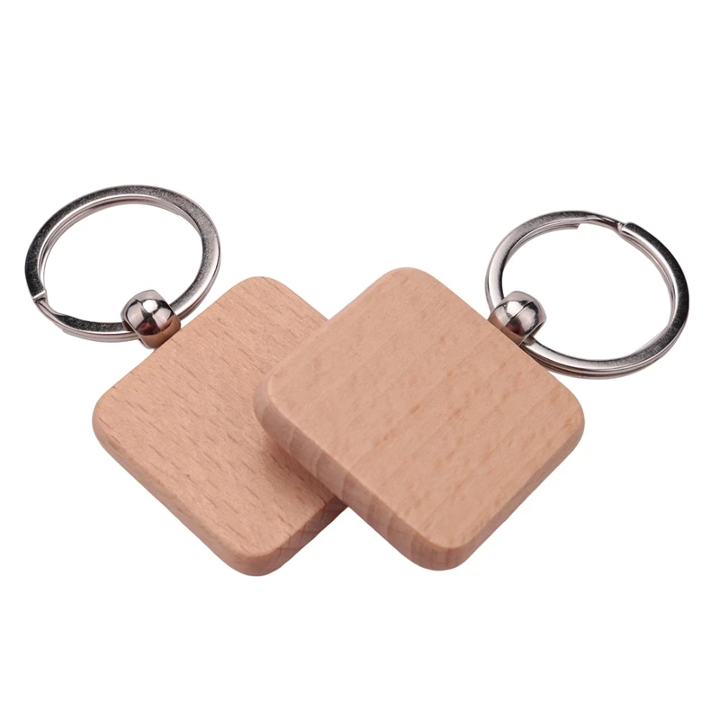 50Pcs DIY Blank Wooden Keychain Square Carved Key Ring Wooden Key Ring 40 X 40 Mm